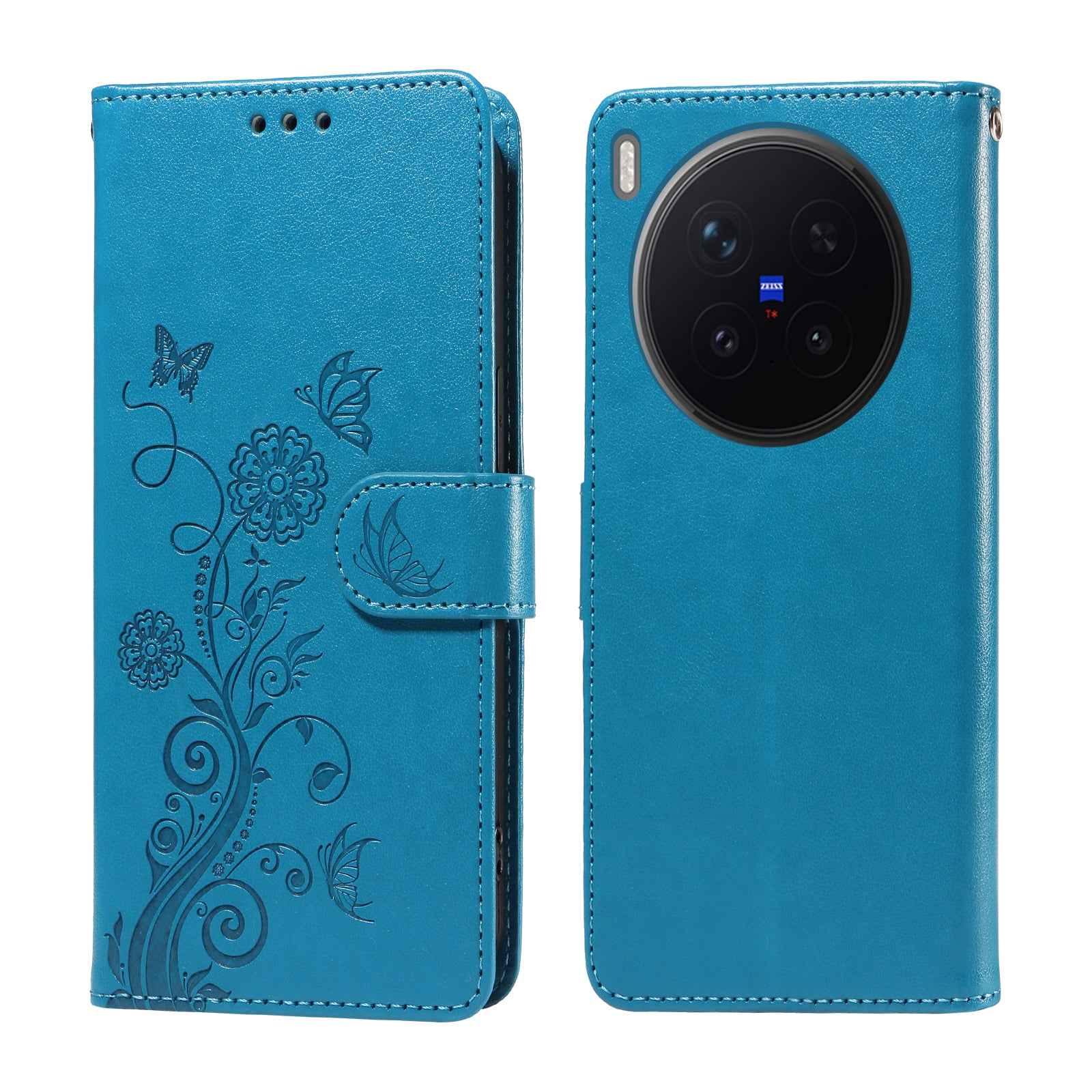 For vivo X300 Pro 5G Leather Case Butterfly Floral Imprint Wallet Stand Cover - Blue