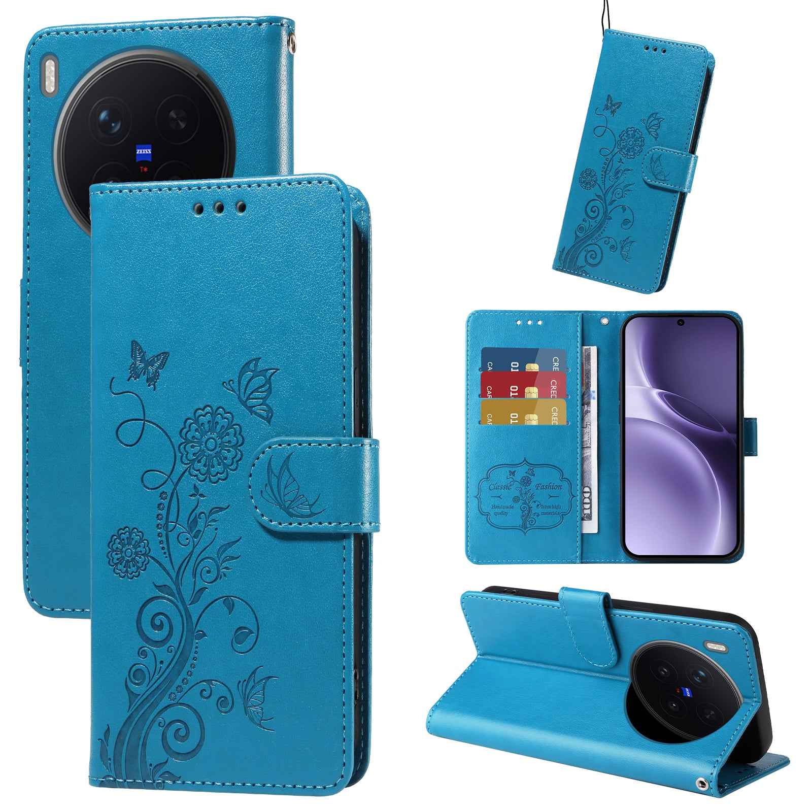 For vivo X300 Pro 5G Leather Case Butterfly Floral Imprint Wallet Stand Cover - Blue