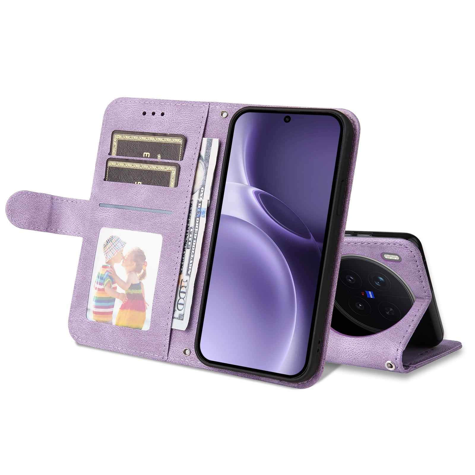 For vivo X300 Pro 5G Leather Wallet Cases Skin Touch Phone Cover Stand with Strap - Purple