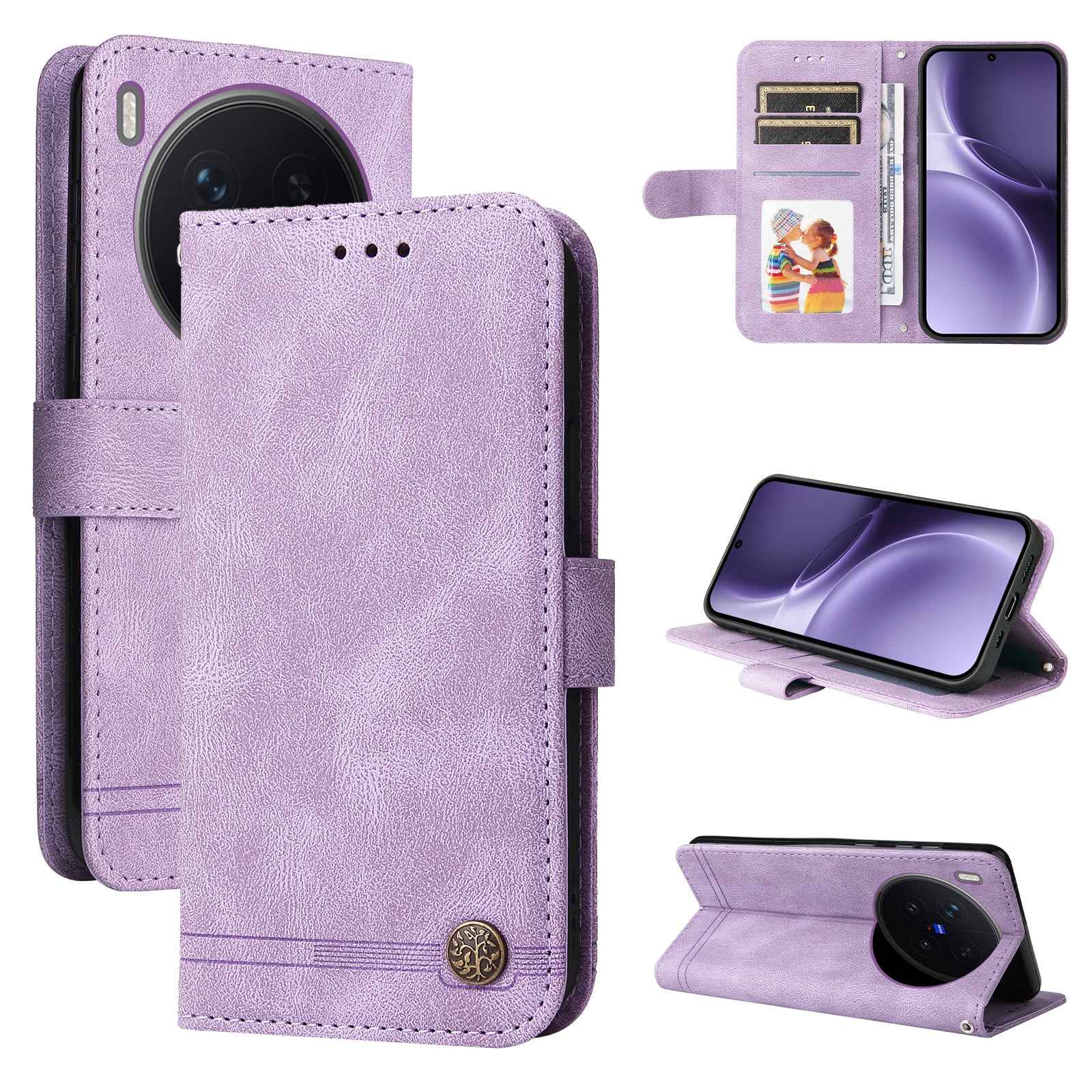 For vivo X300 Pro 5G Leather Wallet Cases Skin Touch Phone Cover Stand with Strap - Purple