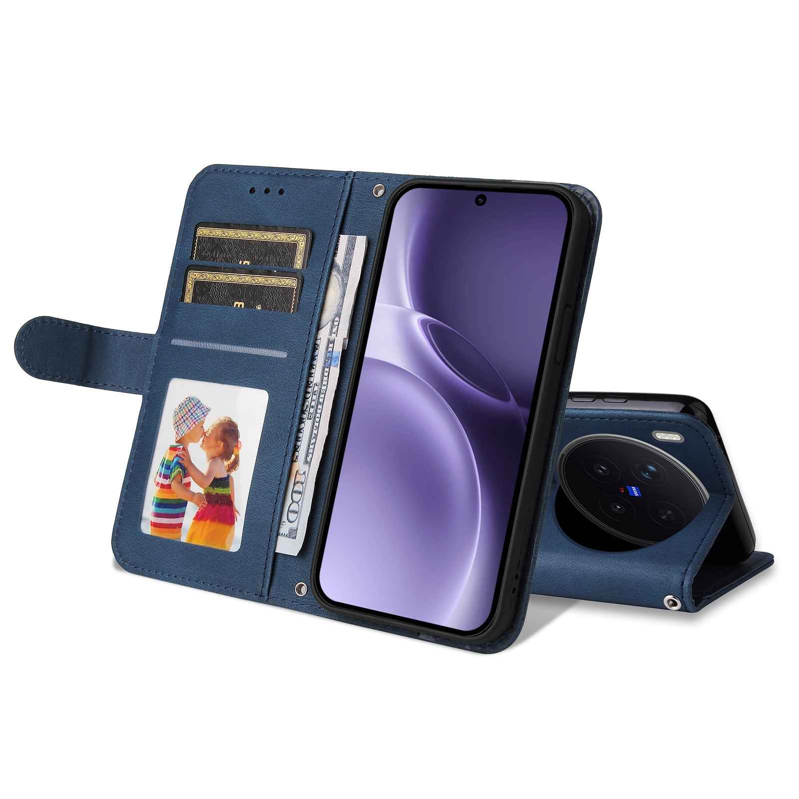 For vivo X300 Pro 5G Leather Wallet Cases Skin Touch Phone Cover Stand with Strap - Blue