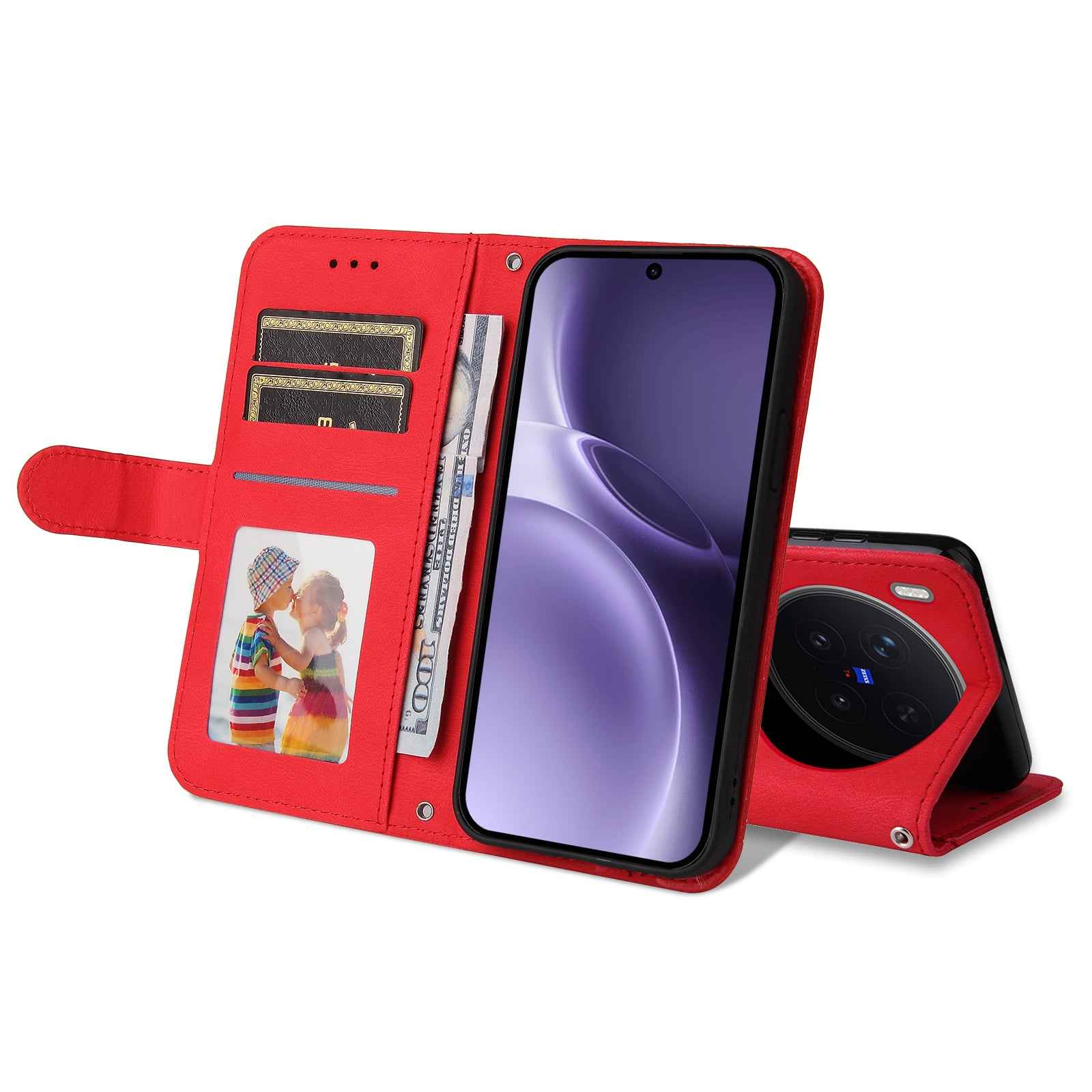 For vivo X300 Pro 5G Leather Wallet Cases Skin Touch Phone Cover Stand with Strap - Red