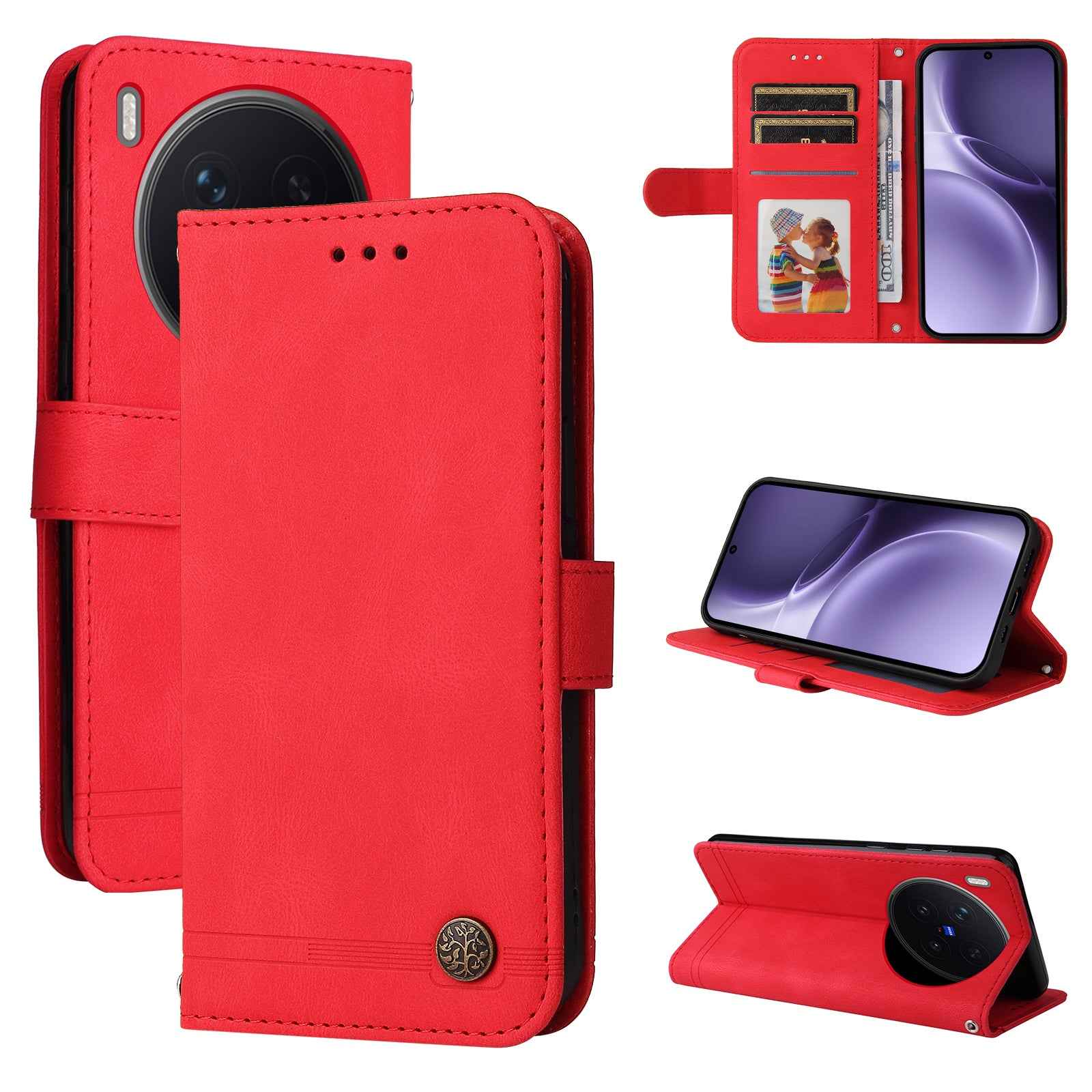 For vivo X300 Pro 5G Leather Wallet Cases Skin Touch Phone Cover Stand with Strap - Red