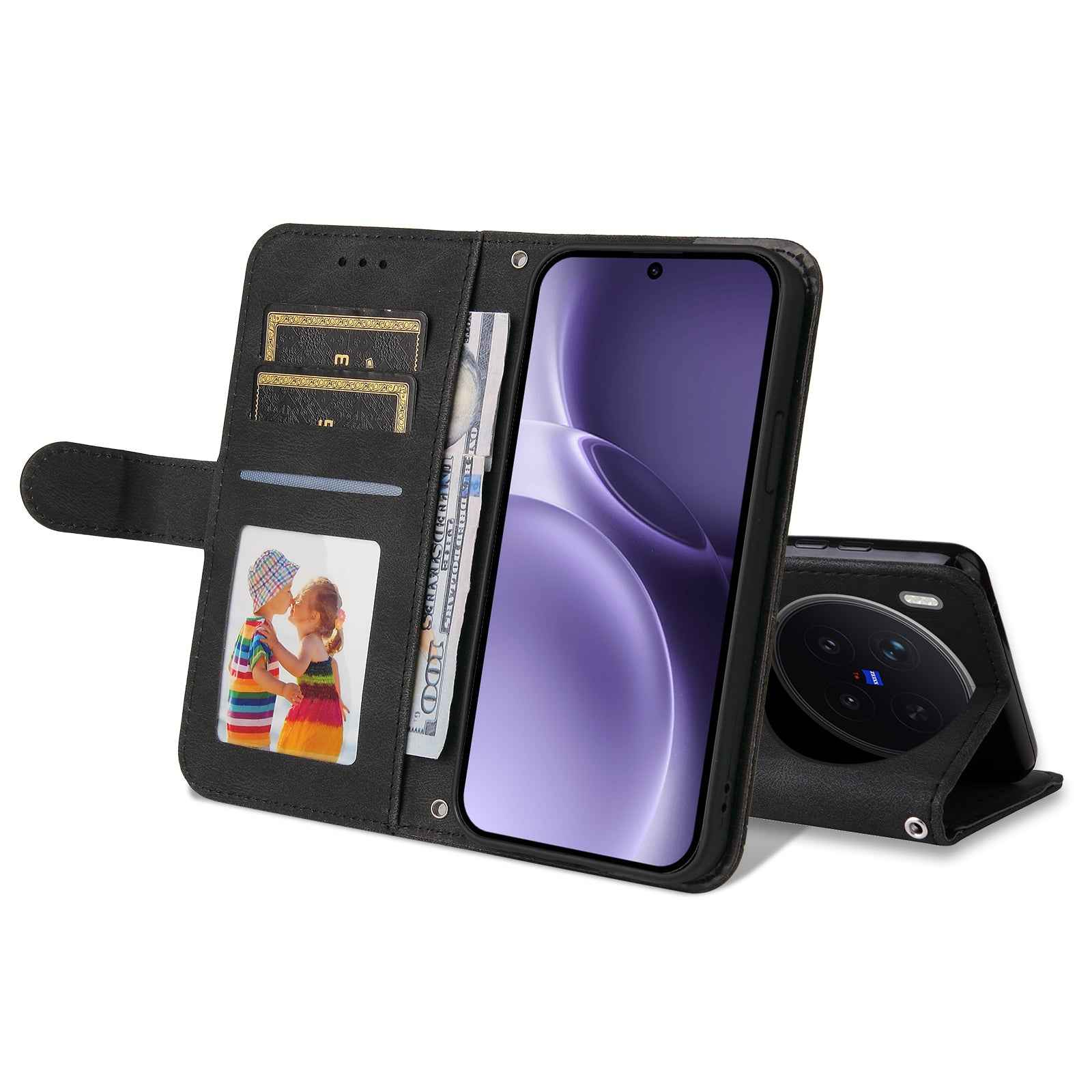 For vivo X300 Pro 5G Leather Wallet Cases Skin Touch Phone Cover Stand with Strap - Black
