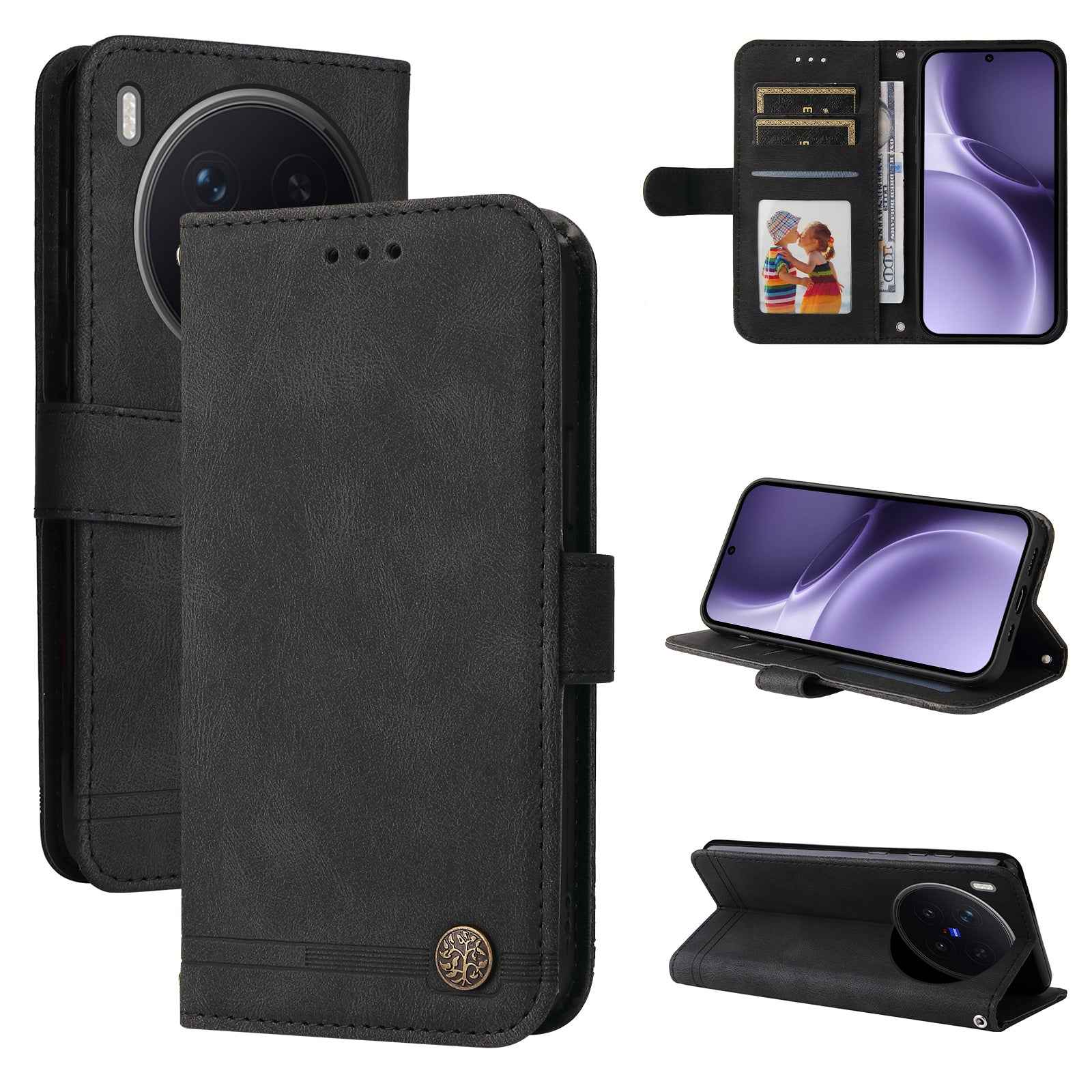 For vivo X300 Pro 5G Leather Wallet Cases Skin Touch Phone Cover Stand with Strap - Black