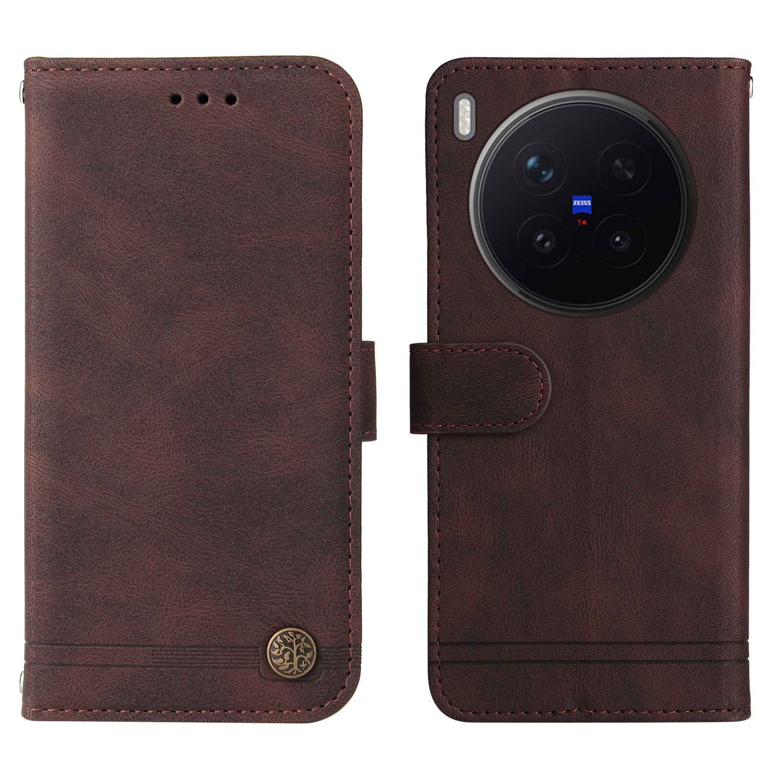 For vivo X300 Pro 5G Leather Wallet Cases Skin Touch Phone Cover Stand with Strap - Brown