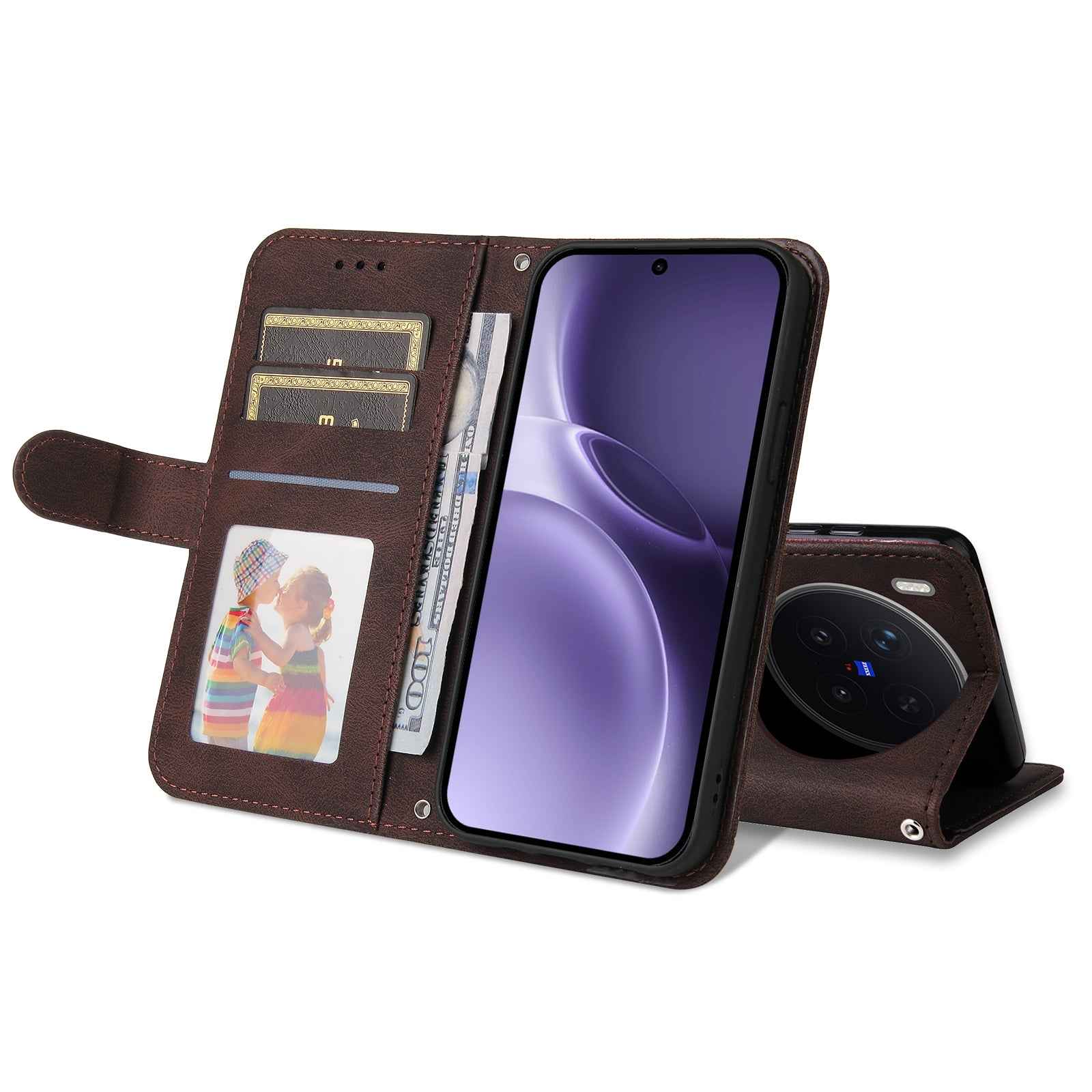 For vivo X300 Pro 5G Leather Wallet Cases Skin Touch Phone Cover Stand with Strap - Brown