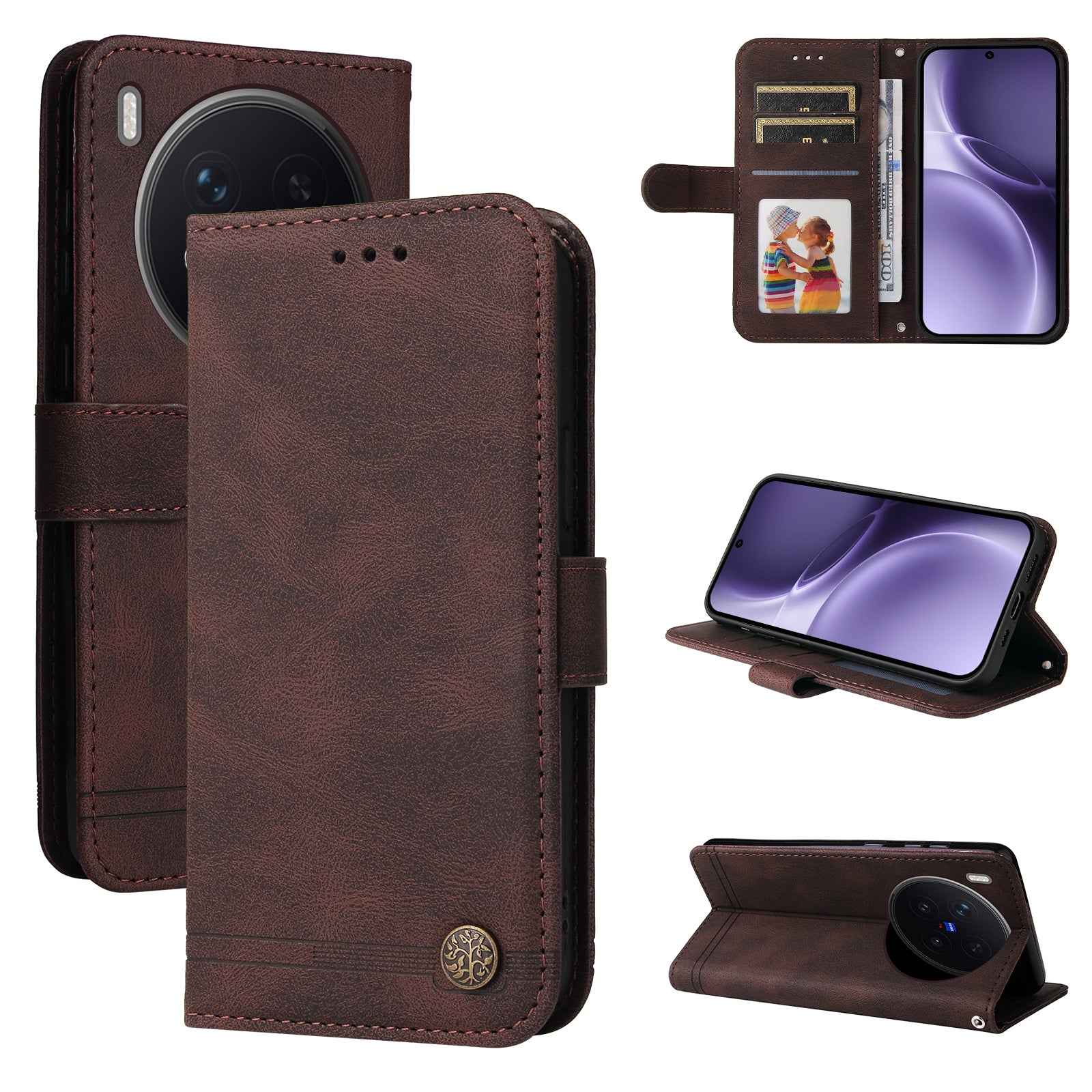 For vivo X300 Pro 5G Leather Wallet Cases Skin Touch Phone Cover Stand with Strap - Brown