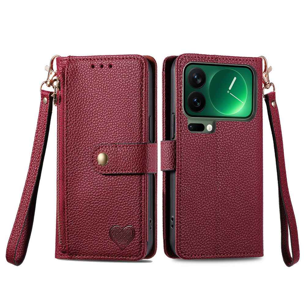 For Xiaomi 17 Pro Case RFID Blocking Zipper Pocket Leather Wallet Phone Cover with Strap - Red
