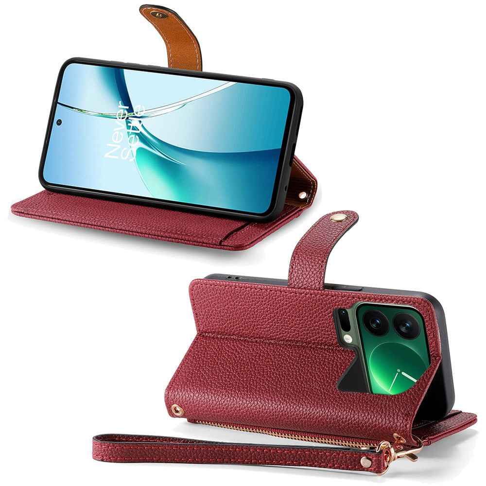 For Xiaomi 17 Pro Case RFID Blocking Zipper Pocket Leather Wallet Phone Cover with Strap - Red