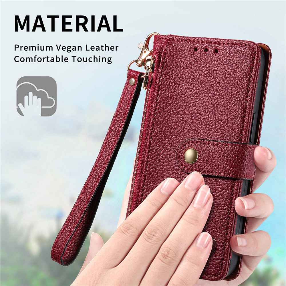 For Xiaomi 17 Pro Case RFID Blocking Zipper Pocket Leather Wallet Phone Cover with Strap - Red