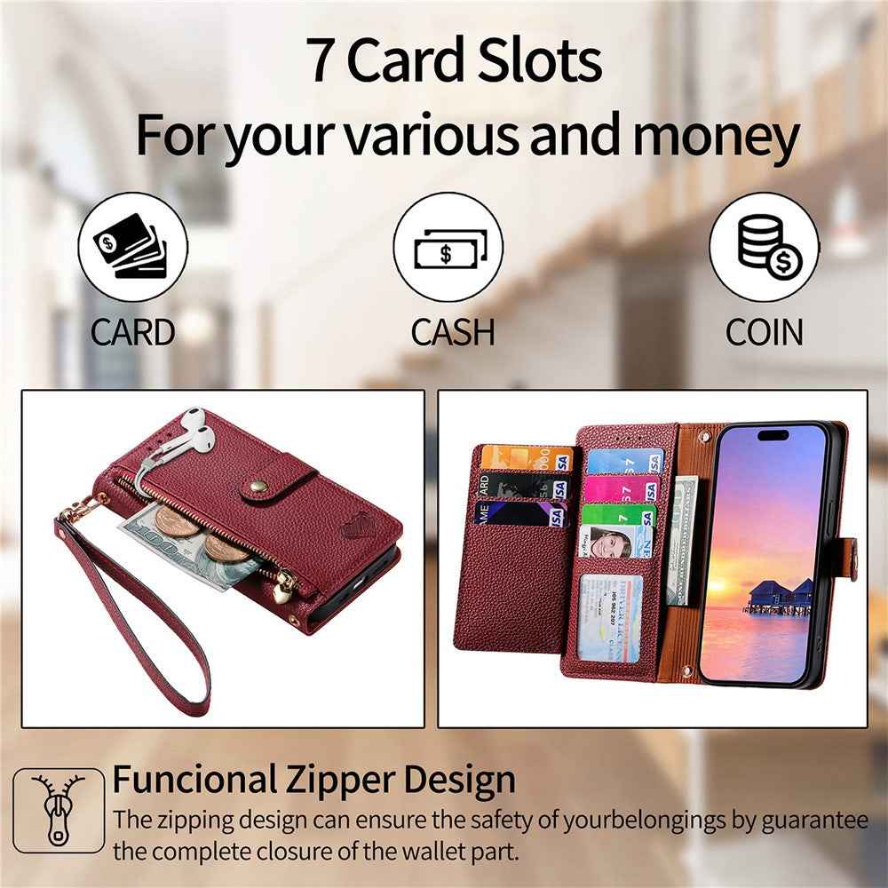 For Xiaomi 17 Pro Case RFID Blocking Zipper Pocket Leather Wallet Phone Cover with Strap - Red