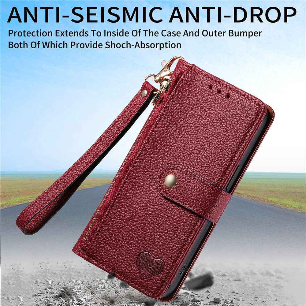 For Xiaomi 17 Pro Case RFID Blocking Zipper Pocket Leather Wallet Phone Cover with Strap - Red
