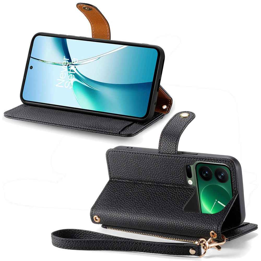 For Xiaomi 17 Pro Case RFID Blocking Zipper Pocket Leather Wallet Phone Cover with Strap - Black