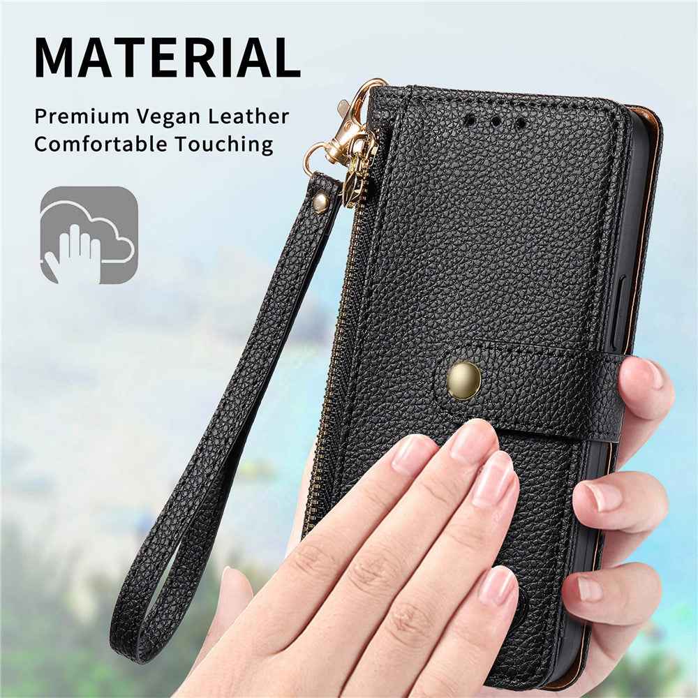 For Xiaomi 17 Pro Case RFID Blocking Zipper Pocket Leather Wallet Phone Cover with Strap - Black