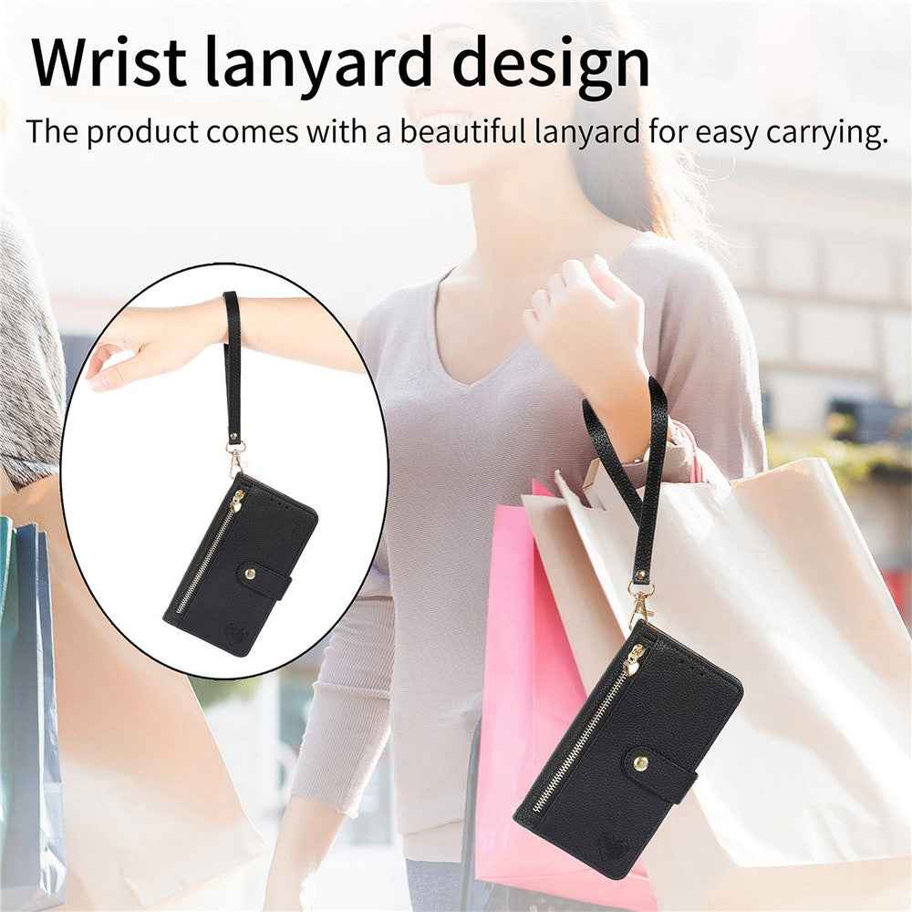 For Xiaomi 17 Pro Case RFID Blocking Zipper Pocket Leather Wallet Phone Cover with Strap - Black