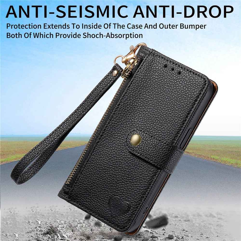 For Xiaomi 17 Pro Case RFID Blocking Zipper Pocket Leather Wallet Phone Cover with Strap - Black