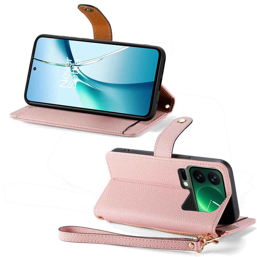 For Xiaomi 17 Pro Case RFID Blocking Zipper Pocket Leather Wallet Phone Cover with Strap - Pink
