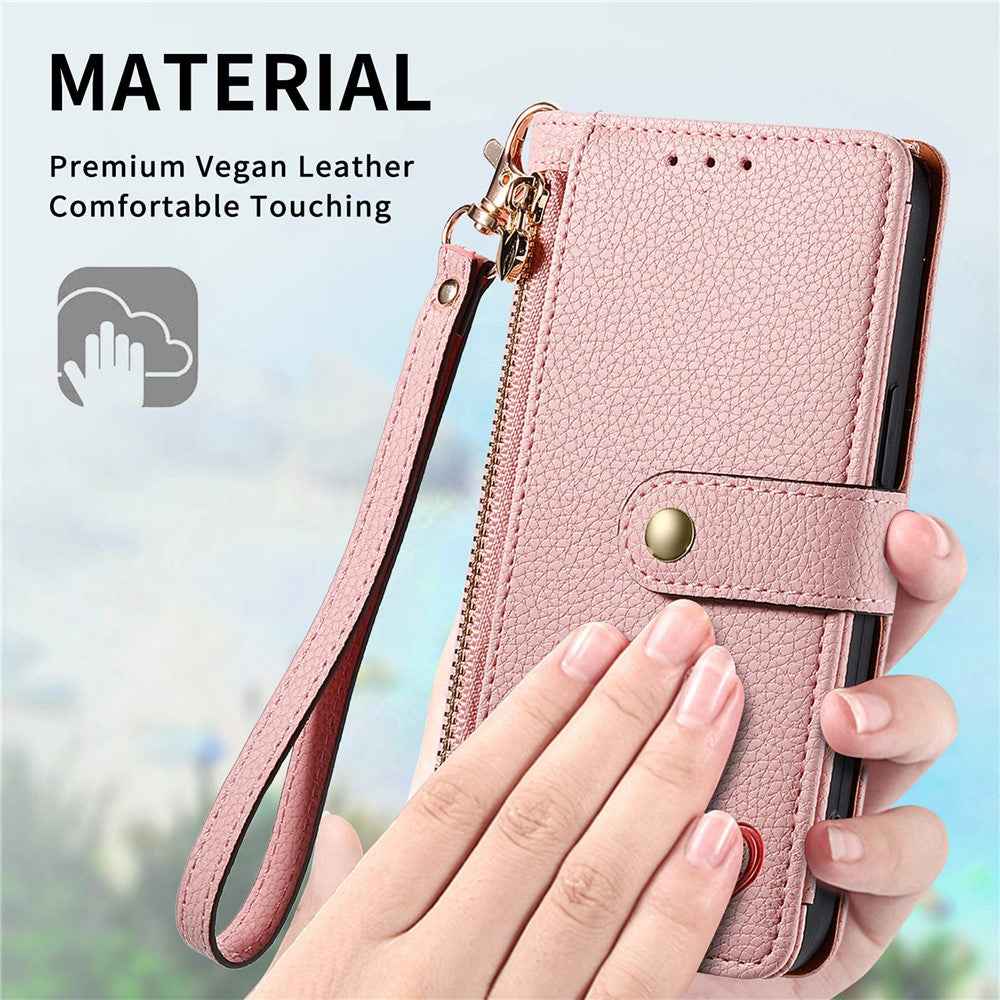 For Xiaomi 17 Pro Case RFID Blocking Zipper Pocket Leather Wallet Phone Cover with Strap - Pink