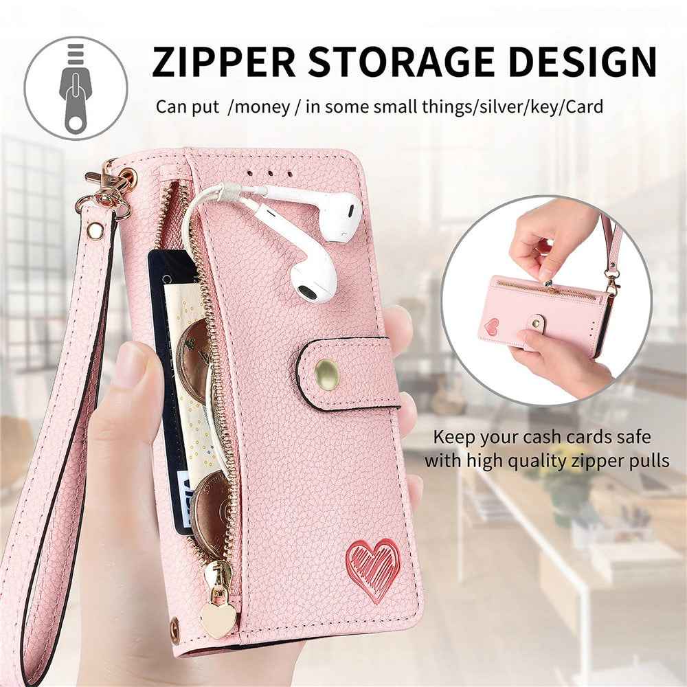 For Xiaomi 17 Pro Case RFID Blocking Zipper Pocket Leather Wallet Phone Cover with Strap - Pink