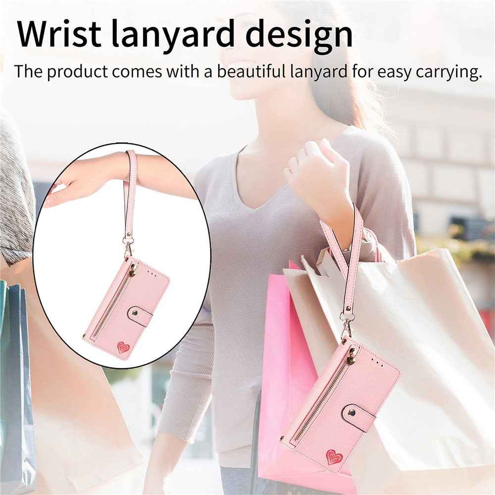 For Xiaomi 17 Pro Case RFID Blocking Zipper Pocket Leather Wallet Phone Cover with Strap - Pink