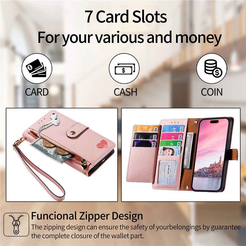 For Xiaomi 17 Pro Case RFID Blocking Zipper Pocket Leather Wallet Phone Cover with Strap - Pink
