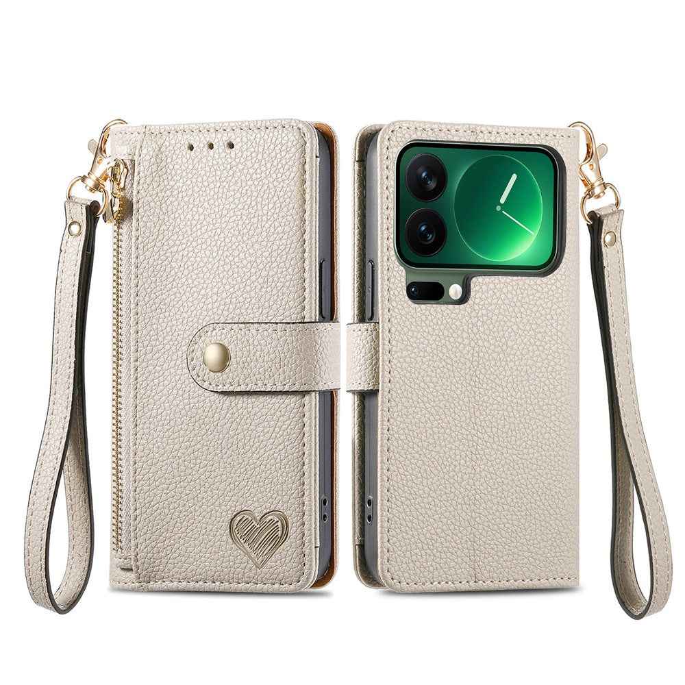 For Xiaomi 17 Pro Case RFID Blocking Zipper Pocket Leather Wallet Phone Cover with Strap - Grey