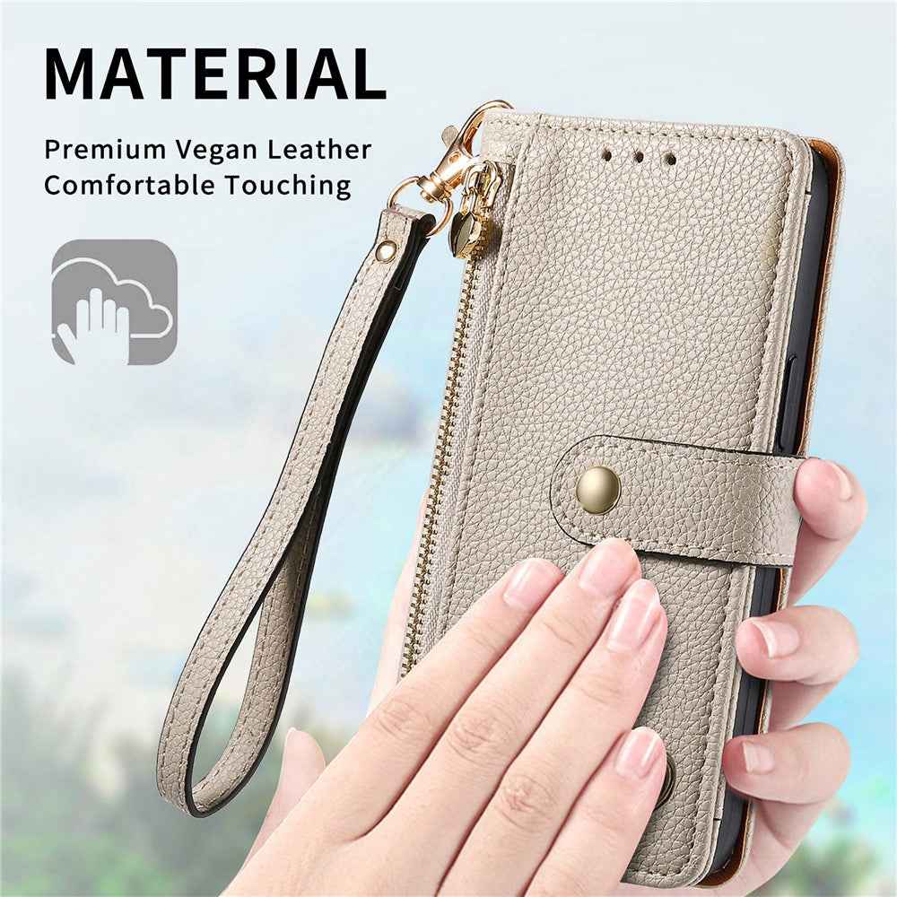 For Xiaomi 17 Pro Case RFID Blocking Zipper Pocket Leather Wallet Phone Cover with Strap - Grey