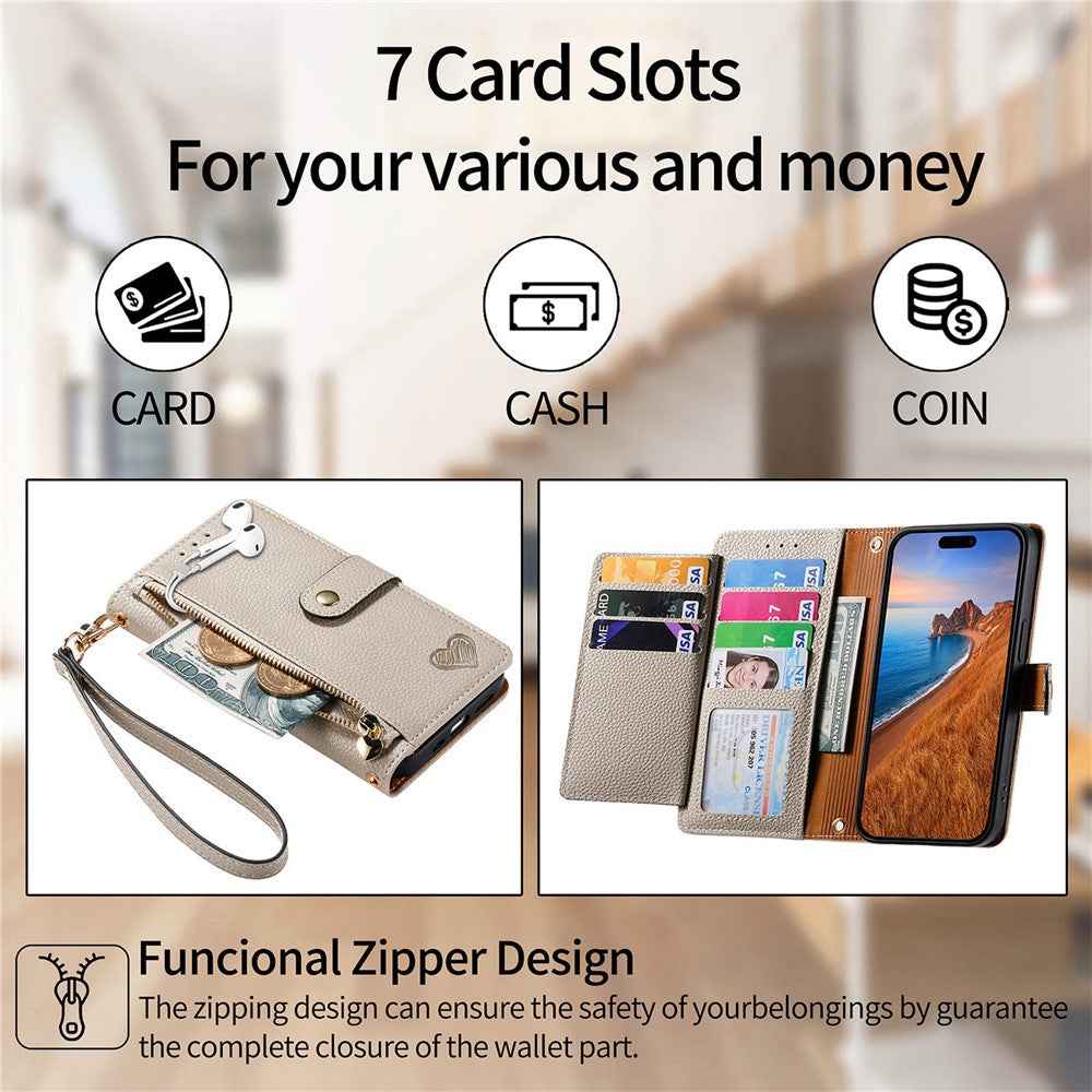 For Xiaomi 17 Pro Case RFID Blocking Zipper Pocket Leather Wallet Phone Cover with Strap - Grey