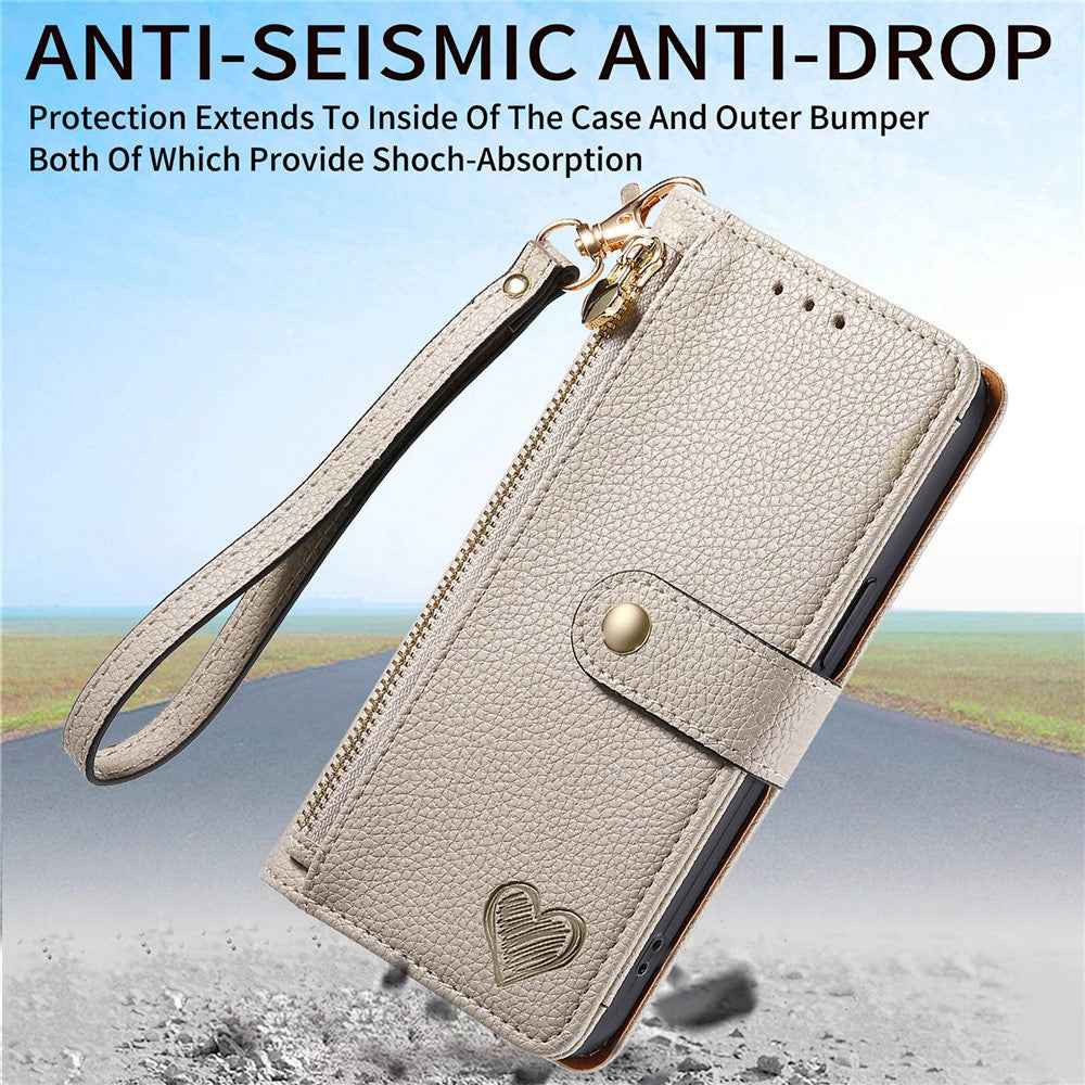 For Xiaomi 17 Pro Case RFID Blocking Zipper Pocket Leather Wallet Phone Cover with Strap - Grey