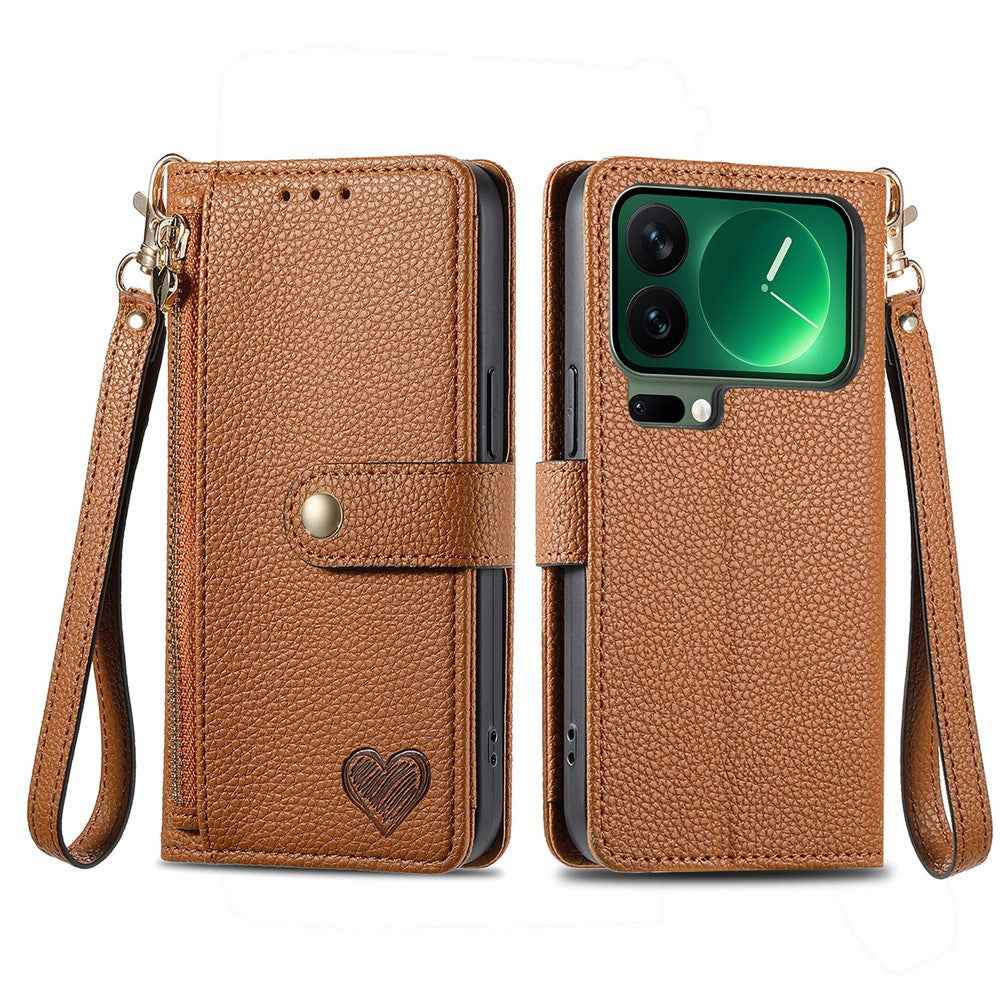 For Xiaomi 17 Pro Case RFID Blocking Zipper Pocket Leather Wallet Phone Cover with Strap - Brown