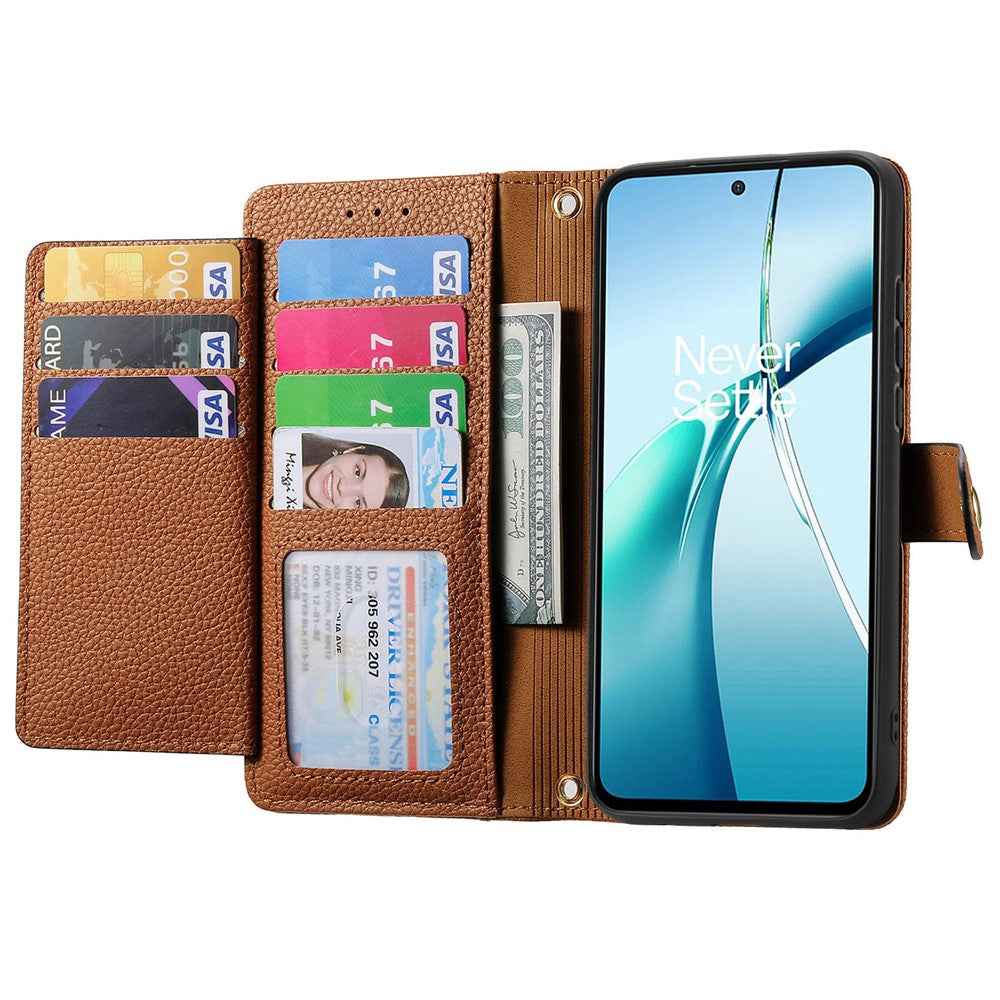 For Xiaomi 17 Pro Case RFID Blocking Zipper Pocket Leather Wallet Phone Cover with Strap - Brown