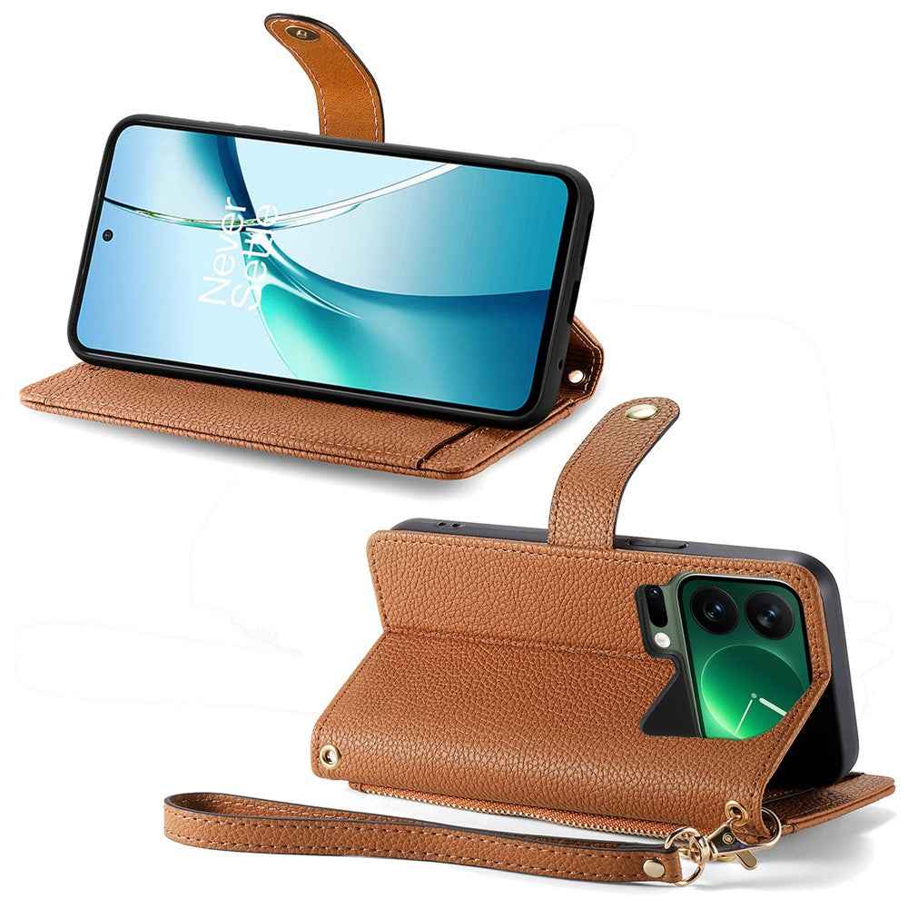 For Xiaomi 17 Pro Case RFID Blocking Zipper Pocket Leather Wallet Phone Cover with Strap - Brown