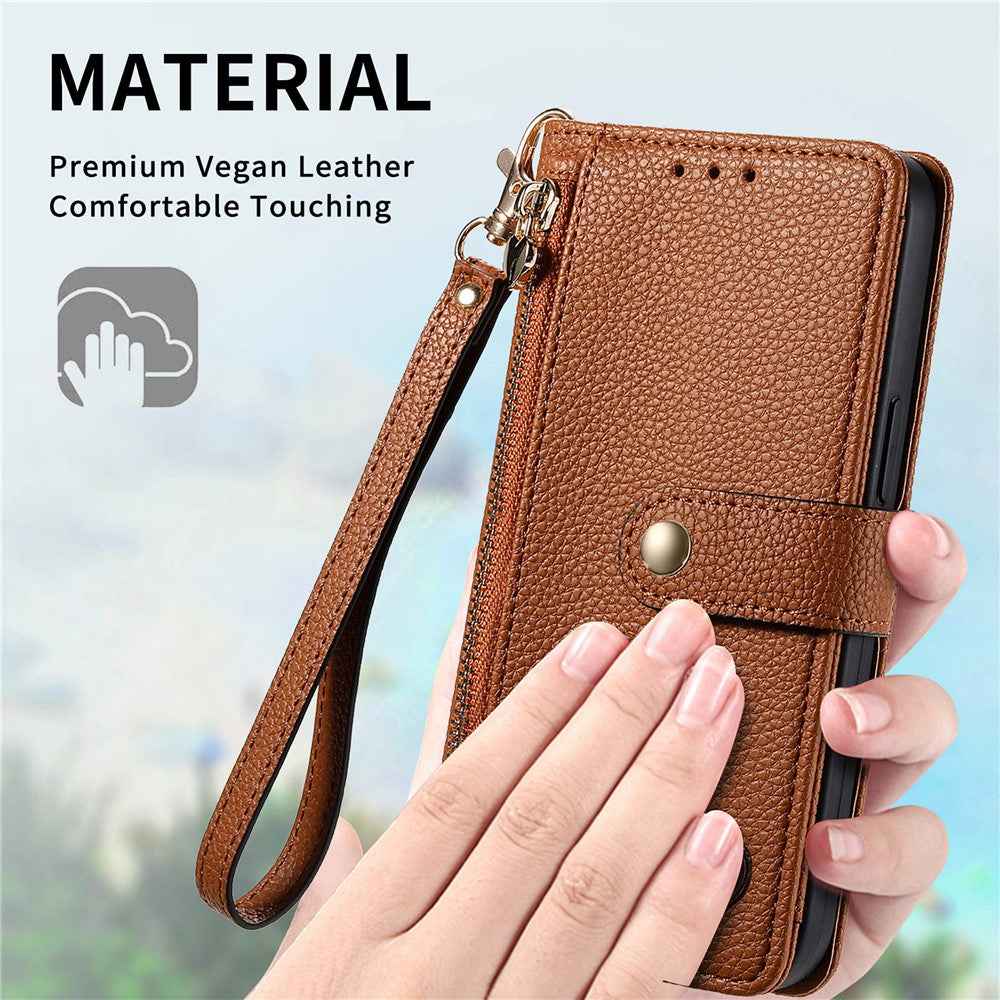 For Xiaomi 17 Pro Case RFID Blocking Zipper Pocket Leather Wallet Phone Cover with Strap - Brown