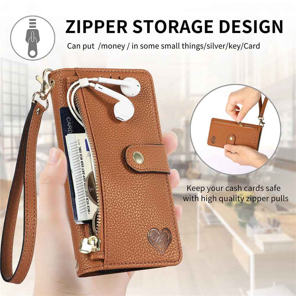 For Xiaomi 17 Pro Case RFID Blocking Zipper Pocket Leather Wallet Phone Cover with Strap - Brown