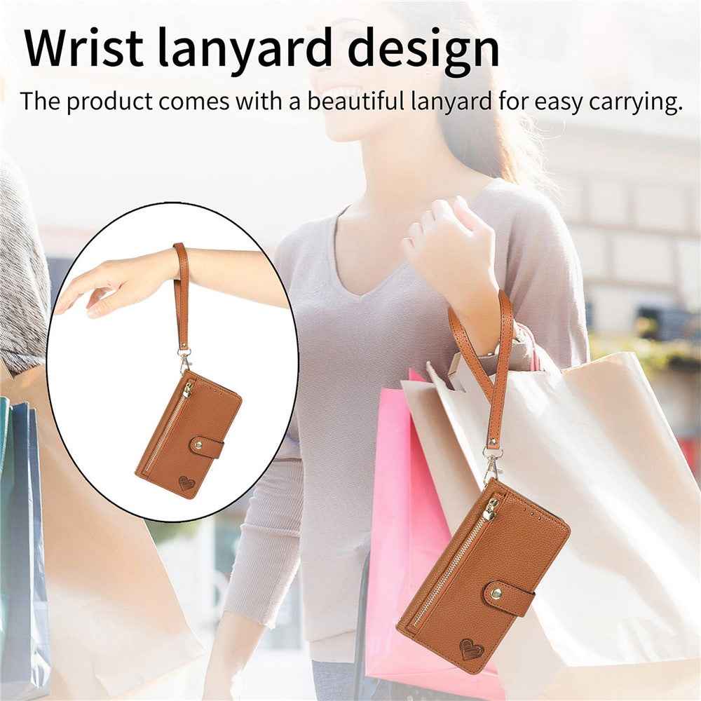 For Xiaomi 17 Pro Case RFID Blocking Zipper Pocket Leather Wallet Phone Cover with Strap - Brown