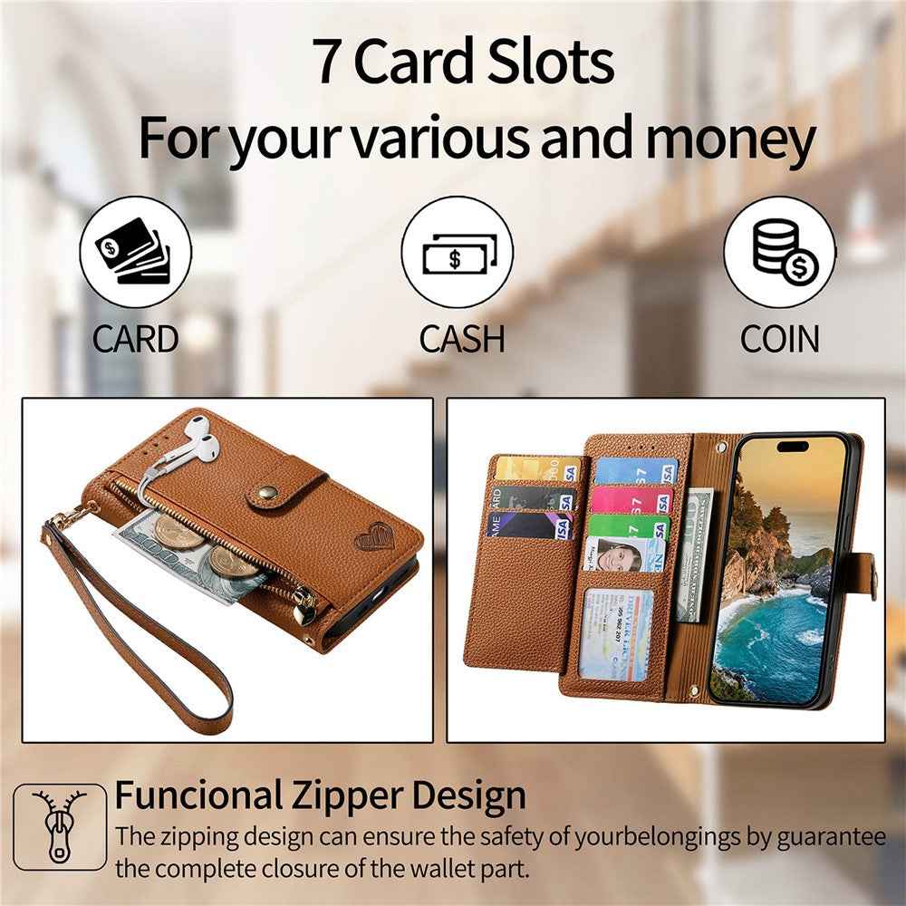For Xiaomi 17 Pro Case RFID Blocking Zipper Pocket Leather Wallet Phone Cover with Strap - Brown