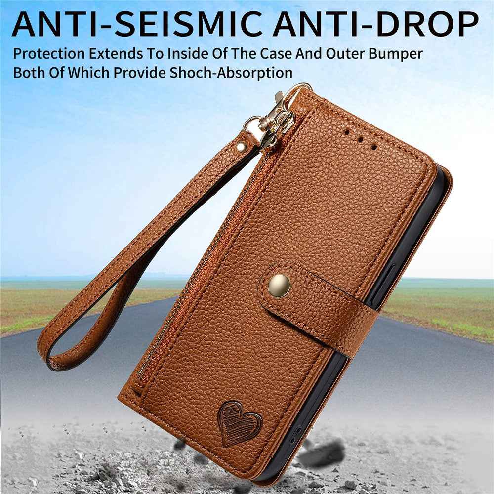 For Xiaomi 17 Pro Case RFID Blocking Zipper Pocket Leather Wallet Phone Cover with Strap - Brown