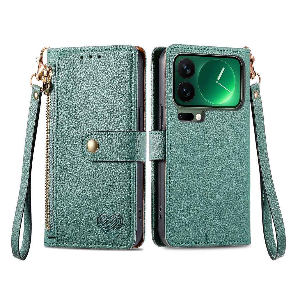 For Xiaomi 17 Pro Case RFID Blocking Zipper Pocket Leather Wallet Phone Cover with Strap - Green
