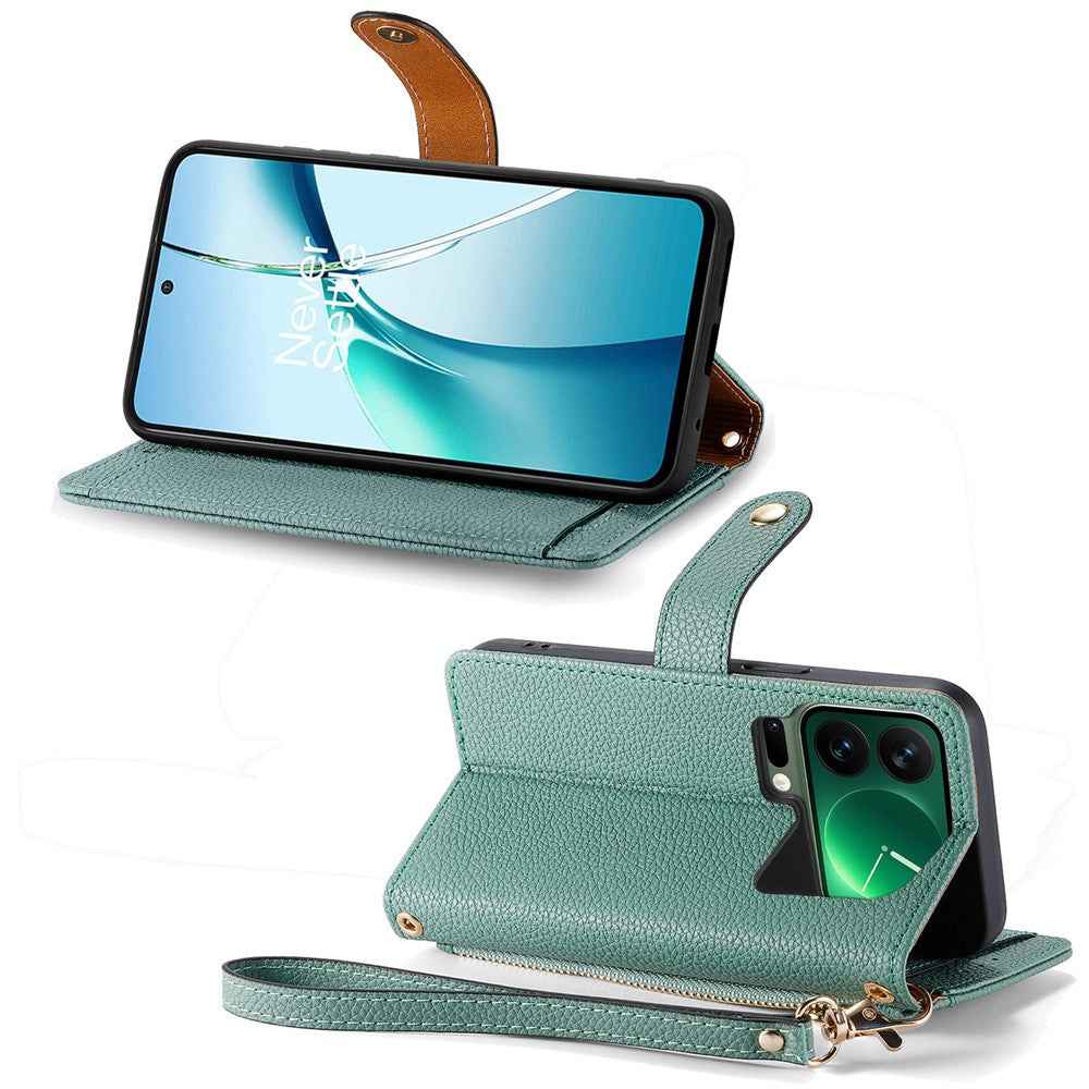 For Xiaomi 17 Pro Case RFID Blocking Zipper Pocket Leather Wallet Phone Cover with Strap - Green