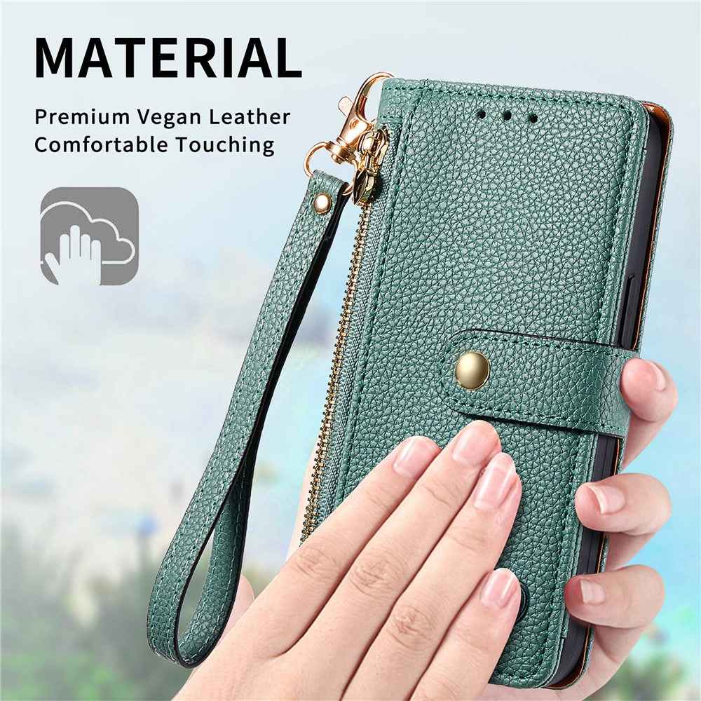 For Xiaomi 17 Pro Case RFID Blocking Zipper Pocket Leather Wallet Phone Cover with Strap - Green