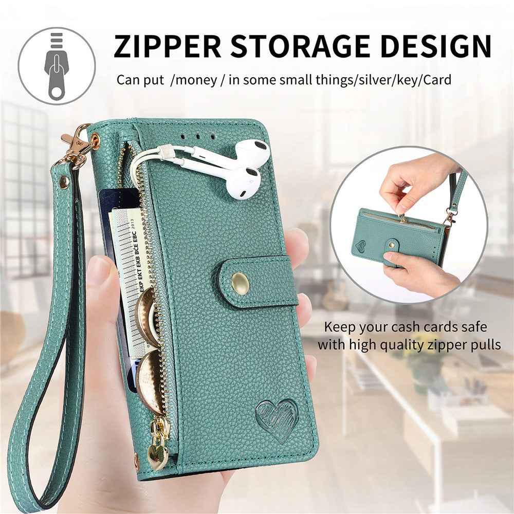 For Xiaomi 17 Pro Case RFID Blocking Zipper Pocket Leather Wallet Phone Cover with Strap - Green