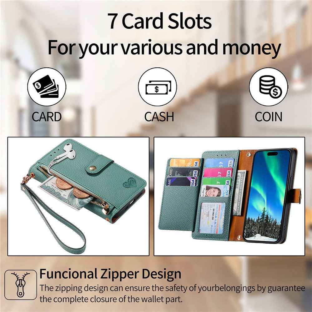 For Xiaomi 17 Pro Case RFID Blocking Zipper Pocket Leather Wallet Phone Cover with Strap - Green