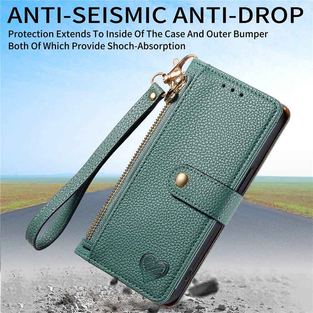 For Xiaomi 17 Pro Case RFID Blocking Zipper Pocket Leather Wallet Phone Cover with Strap - Green