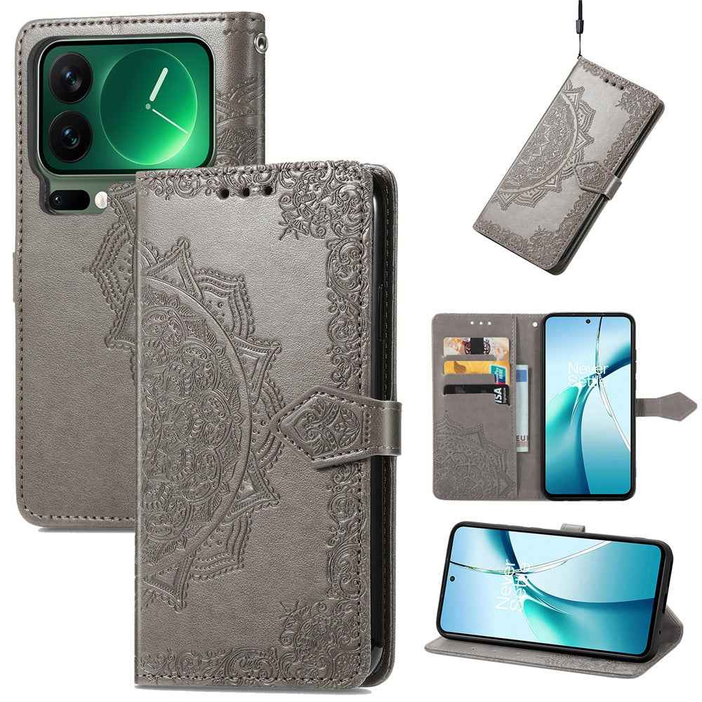 For Xiaomi 17 Pro Case Wallet Mandala Flower Leather Phone Cover Stand View - Grey