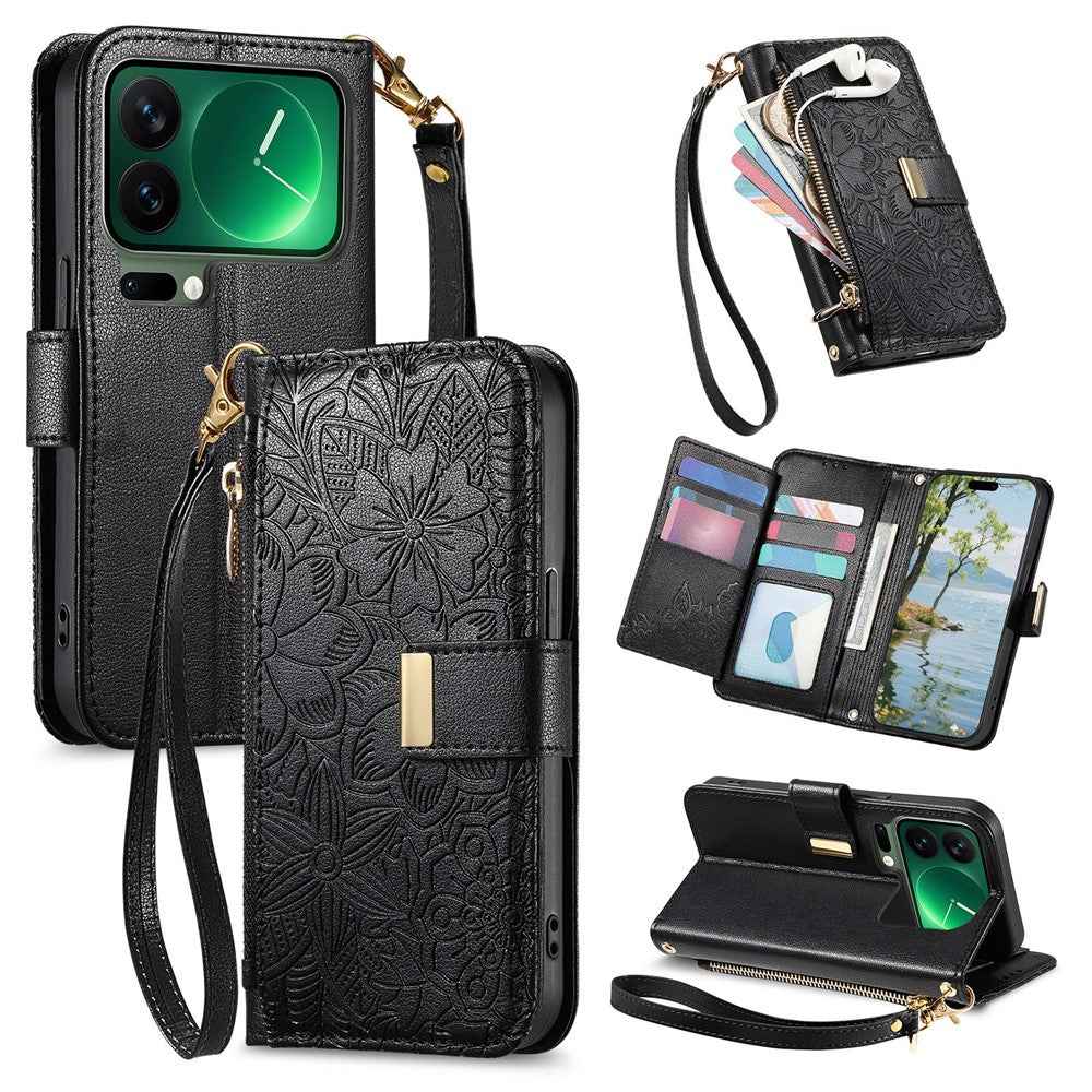 For Xiaomi 17 Pro Case Floral Leaf Pattern Multi Card Slots Zipper Leather Phone Cover with Wrist Strap - Black