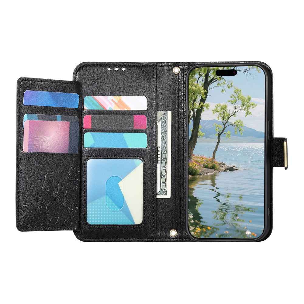 For Xiaomi 17 Pro Case Floral Leaf Pattern Multi Card Slots Zipper Leather Phone Cover with Wrist Strap - Black