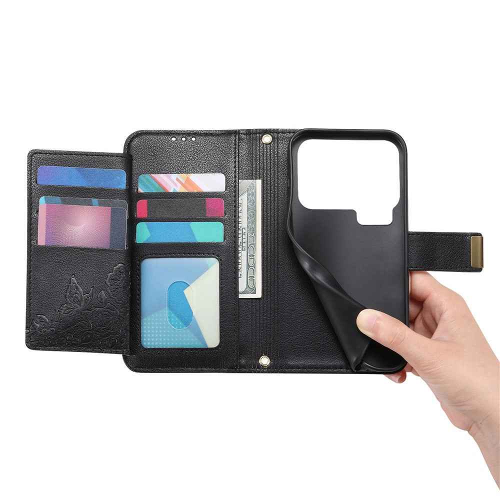For Xiaomi 17 Pro Case Floral Leaf Pattern Multi Card Slots Zipper Leather Phone Cover with Wrist Strap - Black