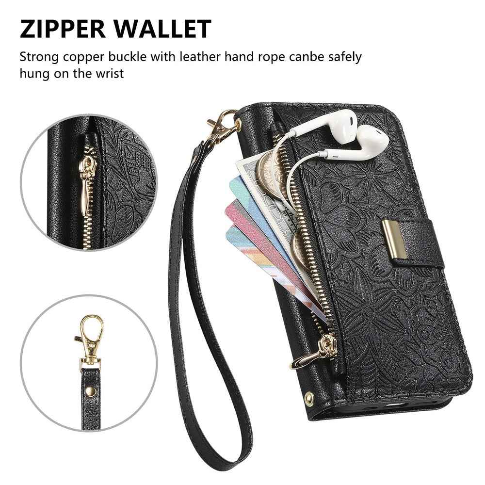 For Xiaomi 17 Pro Case Floral Leaf Pattern Multi Card Slots Zipper Leather Phone Cover with Wrist Strap - Black