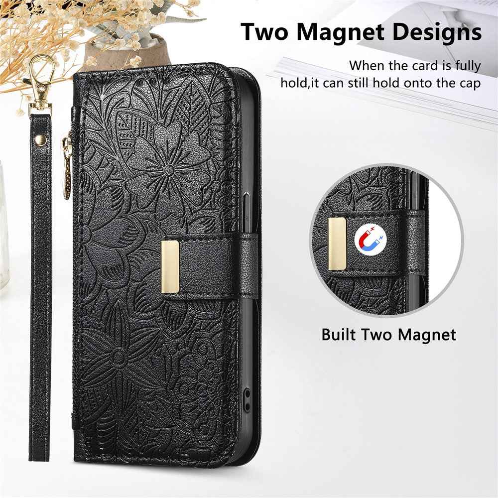 For Xiaomi 17 Pro Case Floral Leaf Pattern Multi Card Slots Zipper Leather Phone Cover with Wrist Strap - Black